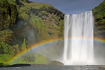Bei direkter Bestrahlung mit Sonnenschein bildet sich am Skogafoss ein intensiver Regenbogen.
